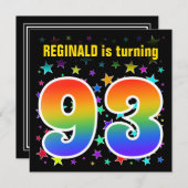 Farbenfrohe Sterne + Regenbogenmuster "93" Geburts Einladung (Vorne/Hinten)