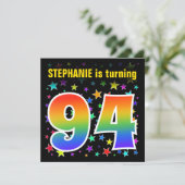 Farbenfrohe Sterne + Regenbogenmuster "94" Geburts Einladung (Stehend Vorderseite)