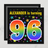 Farbenfrohe Sterne + Regenbogenmuster "96" Geburts Einladung (Vorne/Hinten)