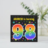 Farbenfrohe Sterne + Regenbogenmuster "98" Geburts Einladung (Stehend Vorderseite)