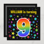 Farbenfrohe Sterne + Regenbogenmuster "9" Geburtst Einladung (Vorne/Hinten)