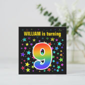 Farbenfrohe Sterne + Regenbogenmuster "9" Geburtst Einladung (Stehend Vorderseite)