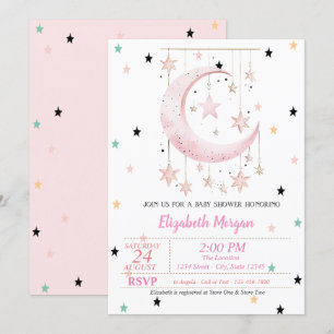 Farbenfrohe Sterne Rosa Mond Baby Shower Einladung
