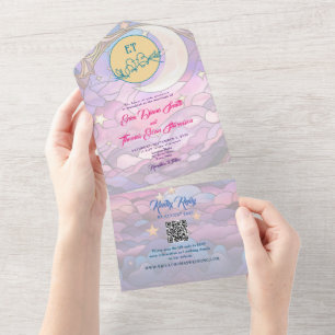 Farbenfrohe Sterne und Mond Hochzeit All In One Einladung
