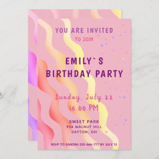 Farbenfrohe Sterne und Waves Girl Pink Geburtstags Einladung