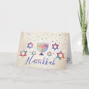Farbenfrohe Sterne von David und Menorah Happy Han Karte