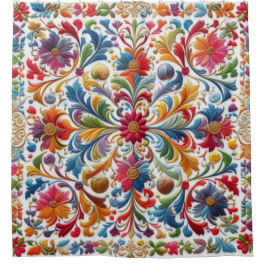 Farbenfrohe Stickerei mit Blick auf Blumendesign Duschvorhang (Vorderseite)