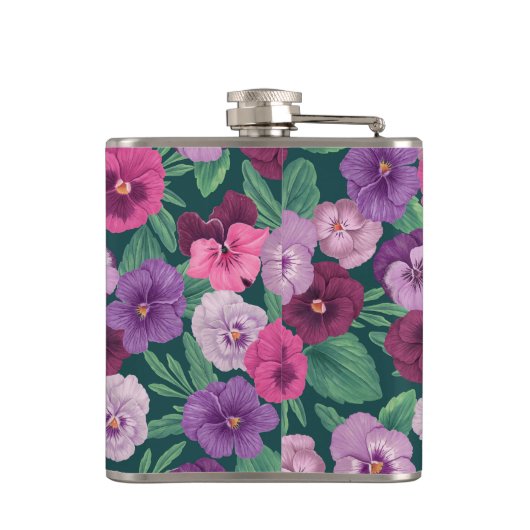 Farbenfrohe Stiefmütterchen auf dunkelgrünblau Flachmann (Rückseite)