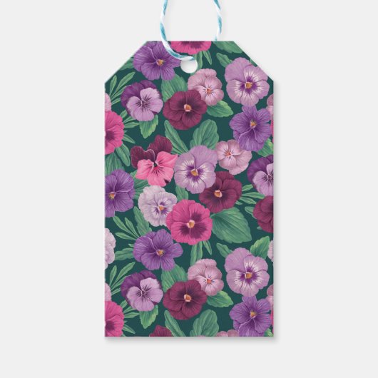 Farbenfrohe Stiefmütterchen auf dunkelgrünblau Geschenkanhänger (Vorderseite)