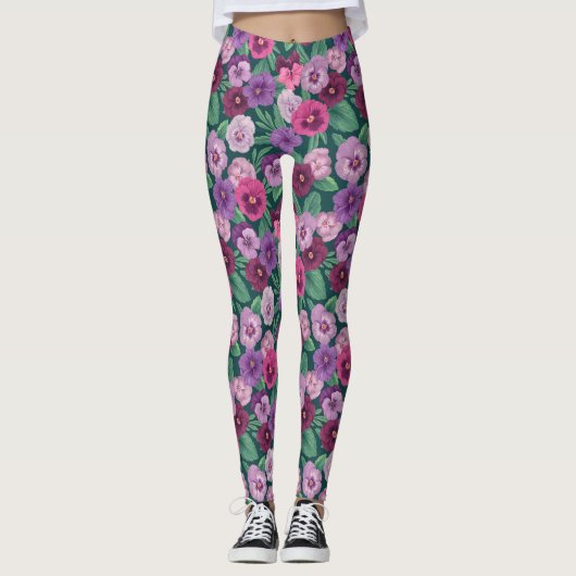 Farbenfrohe Stiefmütterchen auf dunkelgrünblau Leggings (Vorderseite)