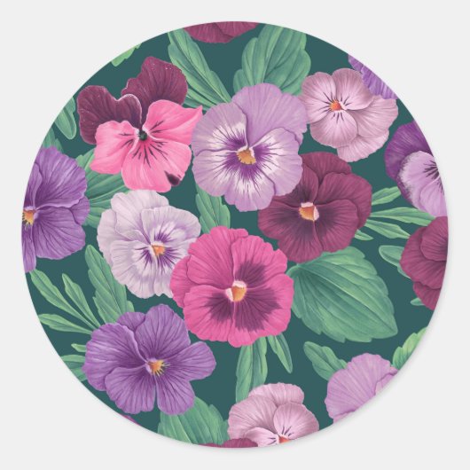 Farbenfrohe Stiefmütterchen auf dunkelgrünblau Runder Aufkleber (Vorderseite)