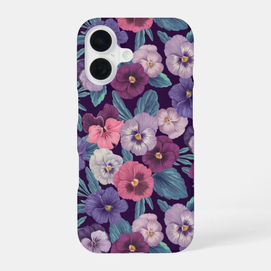Farbenfrohe Stiefmütterchen auf tiefviolett iPhone 16 Hülle (Rückseite)