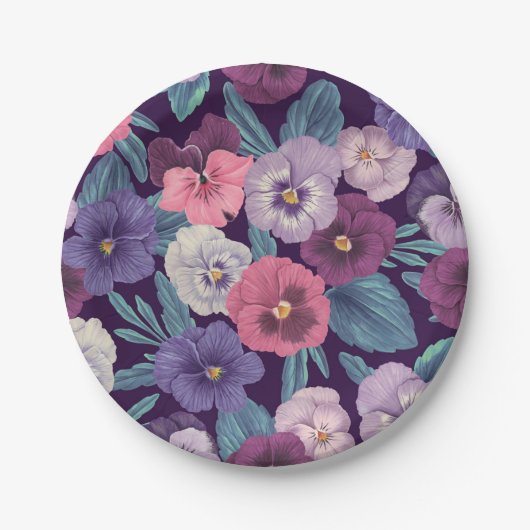 Farbenfrohe Stiefmütterchen auf tiefviolett Pappteller (Vorderseite)