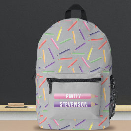 Farbenfrohe Stifte Muster auf leicht grau Bedruckter Rucksack