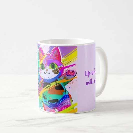 Farbenfrohe Stilelemente Abstrakter Pop Art Cat in Kaffeetasse (VorderseiteRechts)