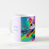 Farbenfrohe Stilelemente Abstrakter Pop Art Cat in Kaffeetasse (Vorderseite Links)
