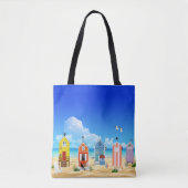 Farbenfrohe Strandhäuser mit Sand und Wasser Tasche (Vorderseite)
