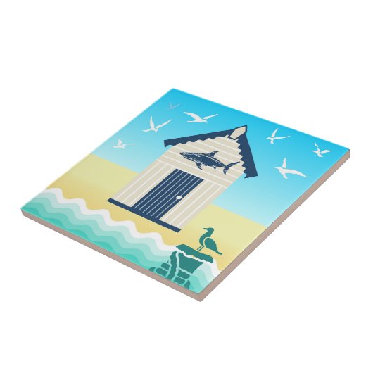 Farbenfrohe Strandhütte mit Haimotif Fliese (Seite)