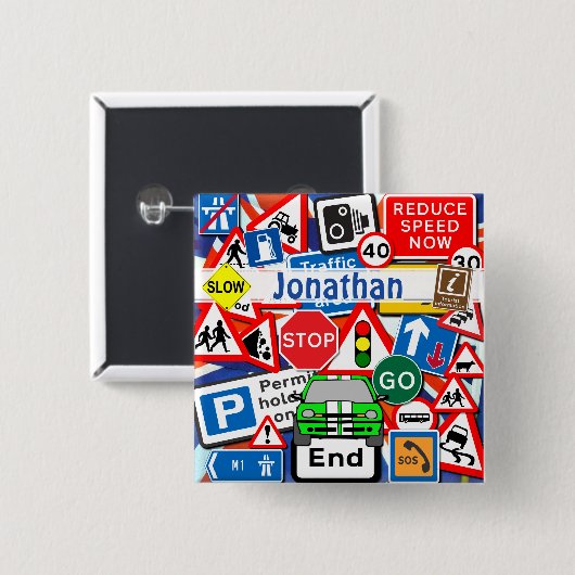 Farbenfrohe Straßenschilder und Automobil, Individ Button (Vorne & Hinten)