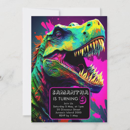 farbenfrohe Street Art Dinosaurier Einladung (Vorderseite)