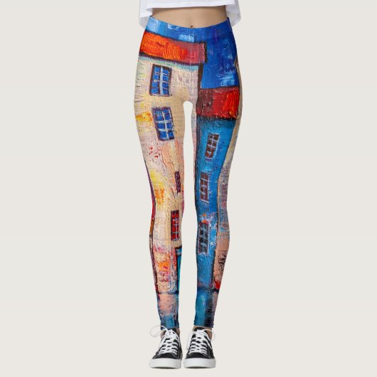 Farbenfrohe Street Panorama Impressionistische Kun Leggings (Vorderseite)