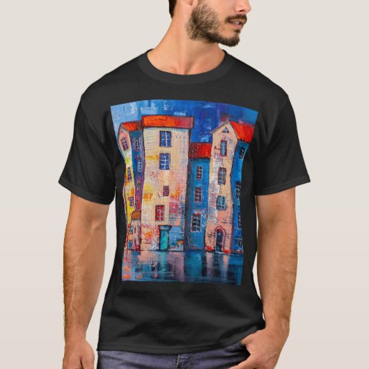 Farbenfrohe Street Panorama Impressionistische Kun T-Shirt (Vorderseite)