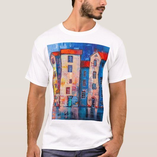Farbenfrohe Street Panorama Impressionistische Kun T-Shirt (Vorderseite)
