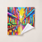 Farbenfrohe Street Scene Art Badhandtuch Set (Waschlappen)