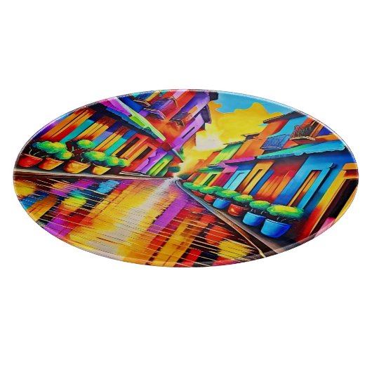 Farbenfrohe Street Scene Art Schneidebrett (Ecke)