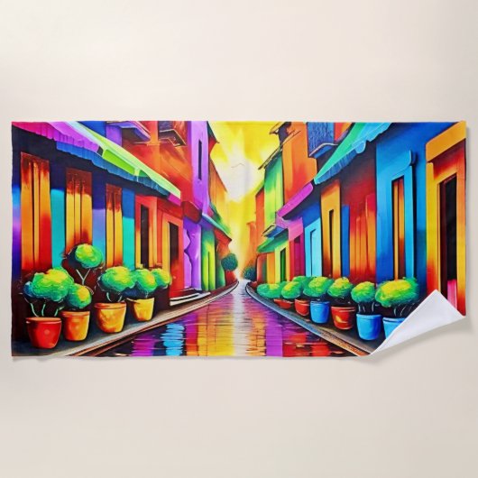 Farbenfrohe Street Scene Art Strandtuch (Vorderseite)