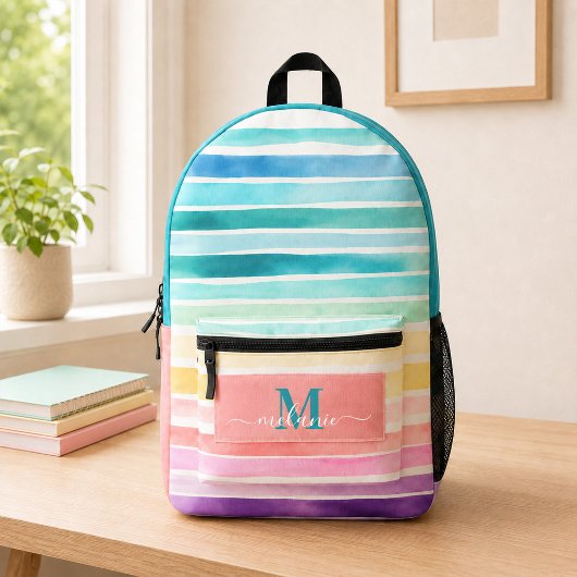 Farbenfrohe Streifen Rainbow Custom Monogram Name Bedruckter Rucksack