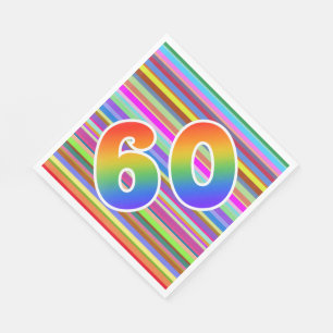Farbenfrohe Streifen + Regenbogenmuster "60" Event Serviette