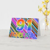Farbenfrohe Streifen + Regenbogenmuster "91 Jahre  Karte (Gelbe Blume)