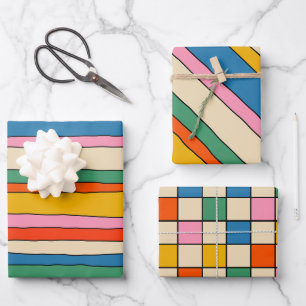 Farbenfrohe Streifen und Karos Geschenkpapier Set