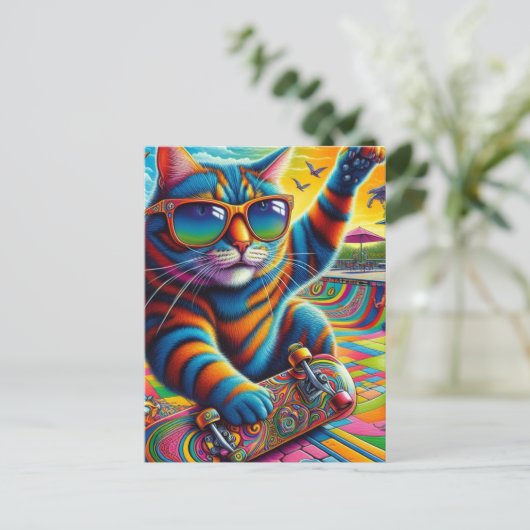 Farbenfrohe Strickkatzenreiten Postkarte (Stehend Vorderseite)