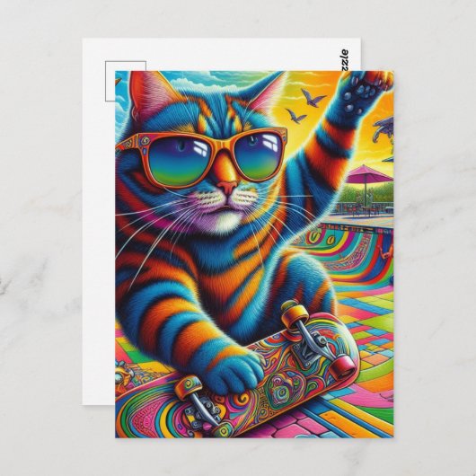 Farbenfrohe Strickkatzenreiten Postkarte (Vorne/Hinten)