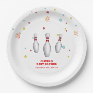 Farbenfrohe Strike Up Bowling Sport Baby Shower Pappteller