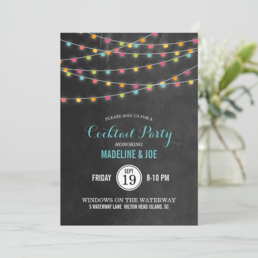 Farbenfrohe String Lights Cocktail Party Einladung (Stehend Vorderseite)