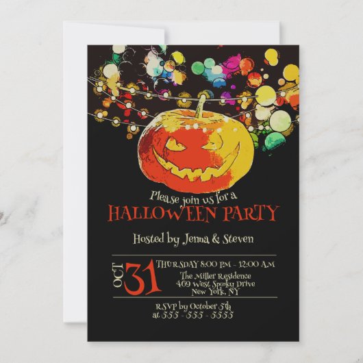 Farbenfrohe String Lights Grinning Pumpen Hallowee Einladung (Vorderseite)