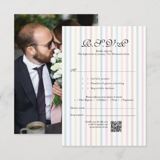 Farbenfrohe Strip QR Code Hochzeit RSVP Karte (Vorne/Hinten)