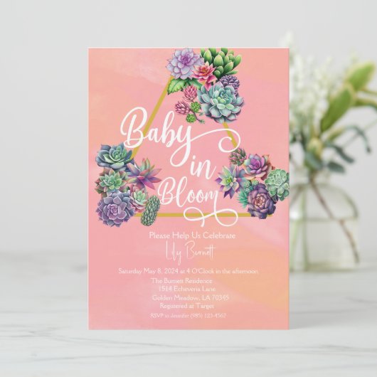 Farbenfrohe Succulent Baby in Bloom Baby Dusche Einladung (Stehend Vorderseite)