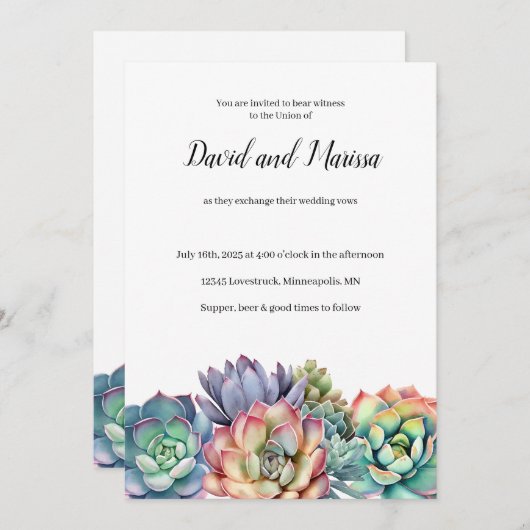 farbenfrohe, sukkulente Hochzeit Einladung (Vorne/Hinten)