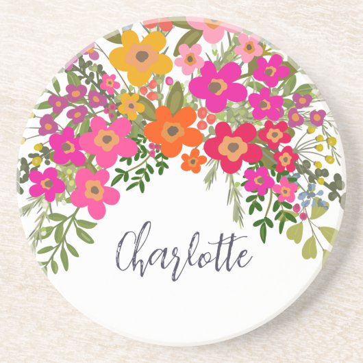 Farbenfrohe Summer Garden Blume Individuelle Name Getränkeuntersetzer (Vorne)