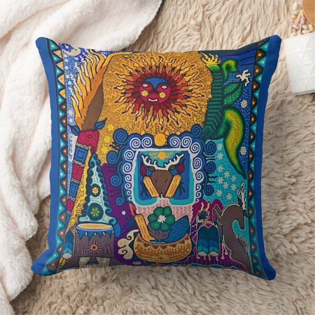 Farbenfrohe Sun Huichol Art Kissen (Decke)