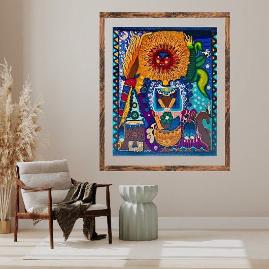 Farbenfrohe Sun Huichol Boho Mexikanische Kunst Poster