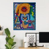 Farbenfrohe Sun Huichol Boho Mexikanische Kunst Poster (Heimbüro)