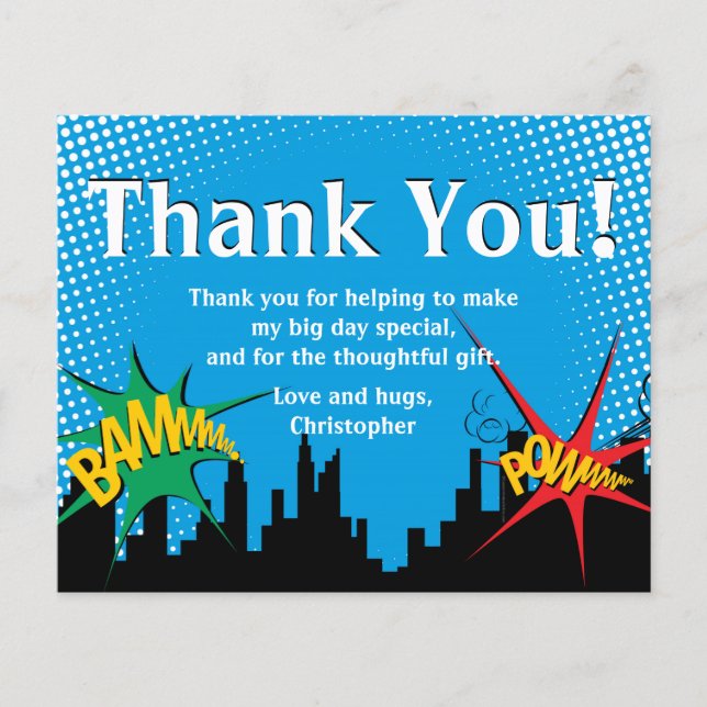 Farbenfrohe Superhero Comic Boy's Birthday Danke (Vorderseite)