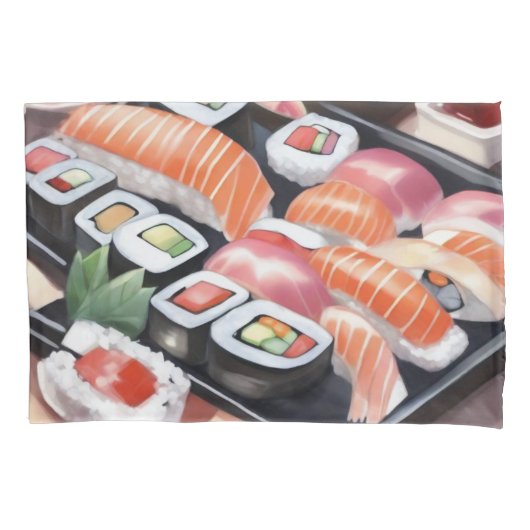 Farbenfrohe Sushi auf schwarzem Platter Kissenbezug (Vorderseite-Links)