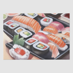 Farbenfrohe Sushi auf schwarzem Platter Seidenpapier