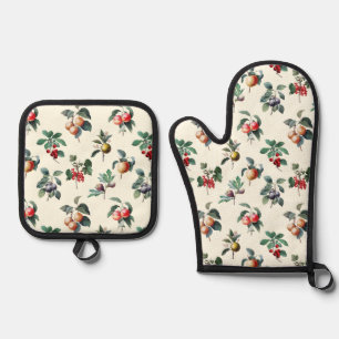 Farbenfrohe süße botanische Vintage Frucht auf Wei Ofenhandschuh & Topflappen-Set